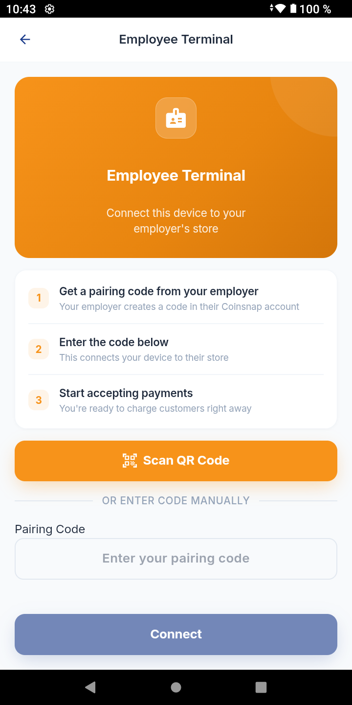 Employee terminal pairing screen