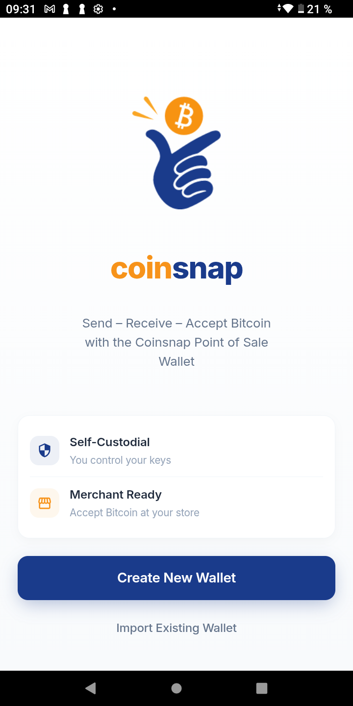 Coinsnap Wallet start screen