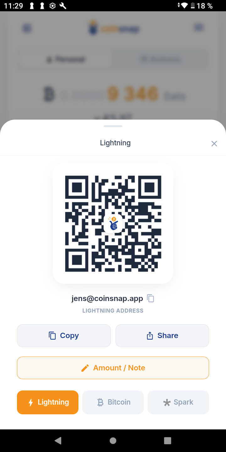 Receive Bitcoin via Lightning (QR code and Lightning address)