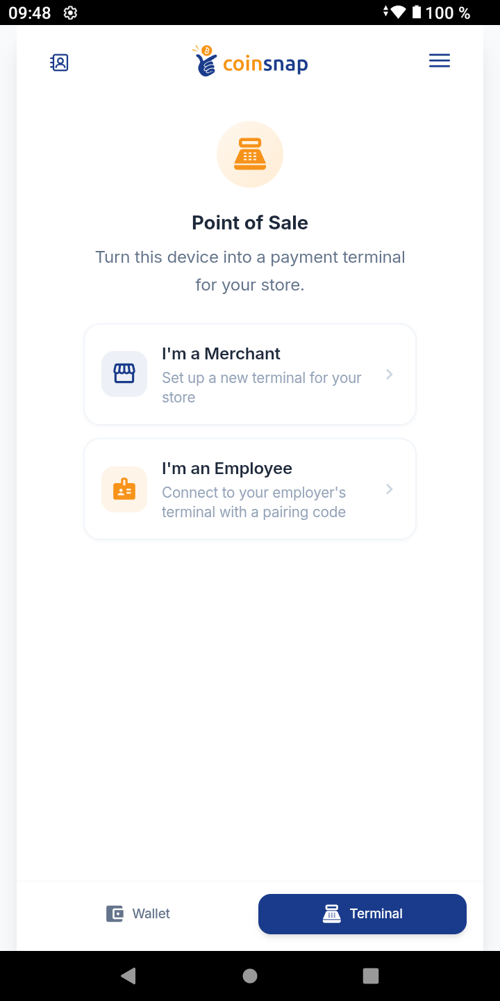 Point of Sale start screen (merchant vs employee)