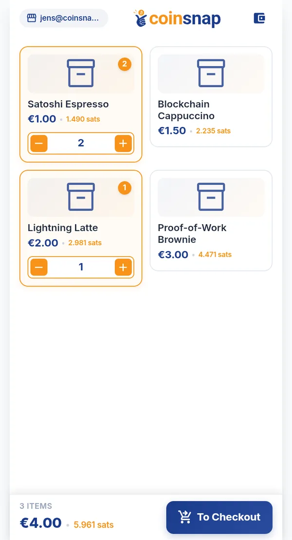 Coinsnap Point of Sale product catalog with products added to the basket