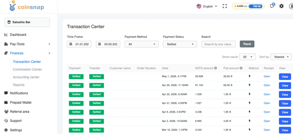 Coinsnap accounting export of transactions