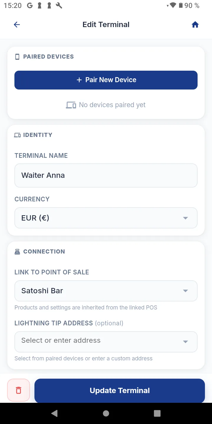 Edit Terminal screen in Coinsnap with paired devices, terminal name and linked Point of Sale