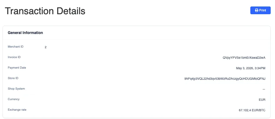 Transaction details in the Coinsnap backend with general payment information