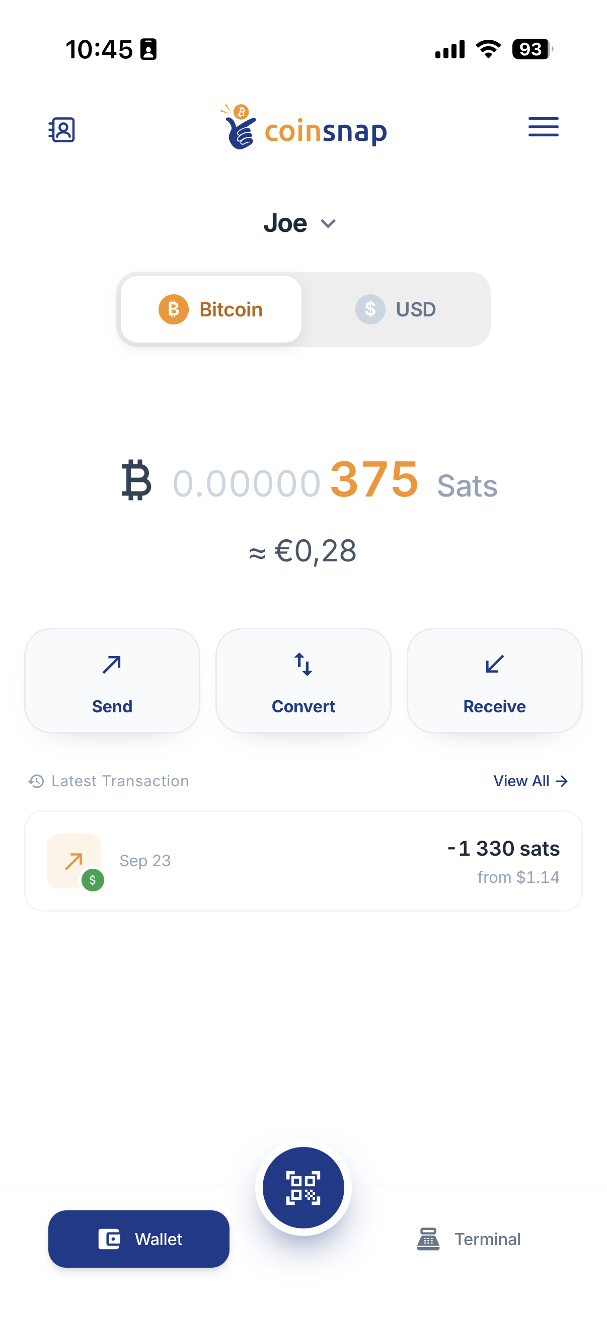 Bitcoin balance of 375 sats in the Coinsnap wallet Joe
