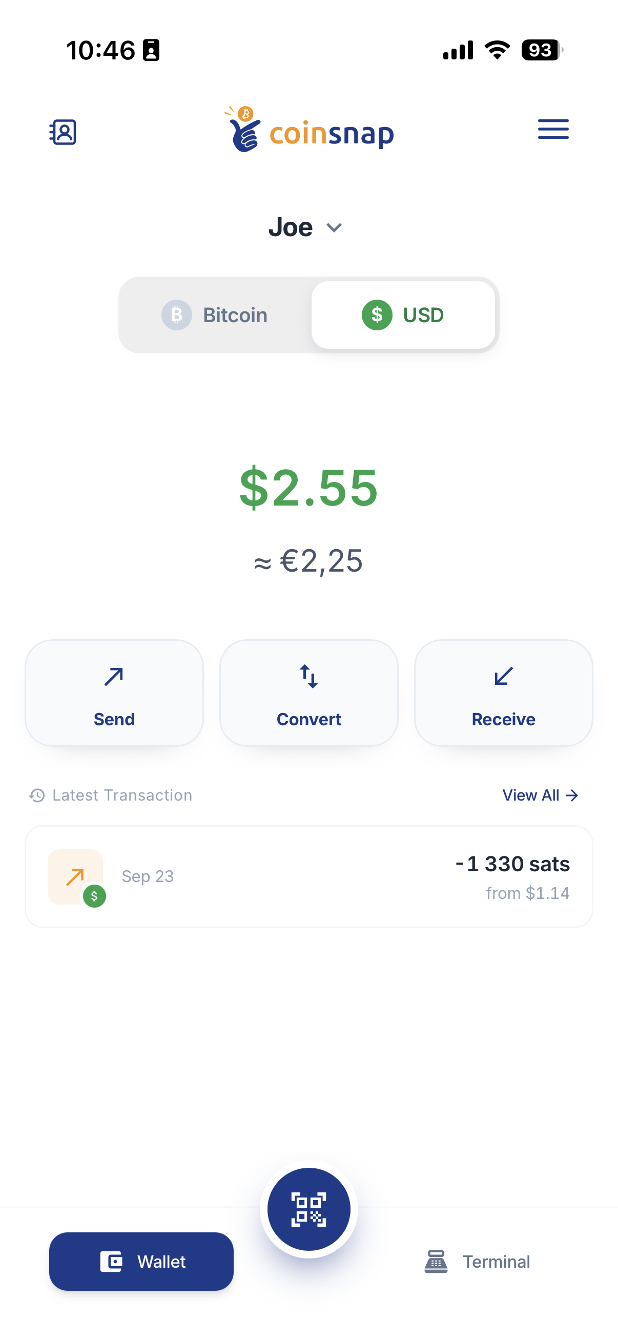 Digital Dollar balance of $2.55 in the Coinsnap wallet Joe