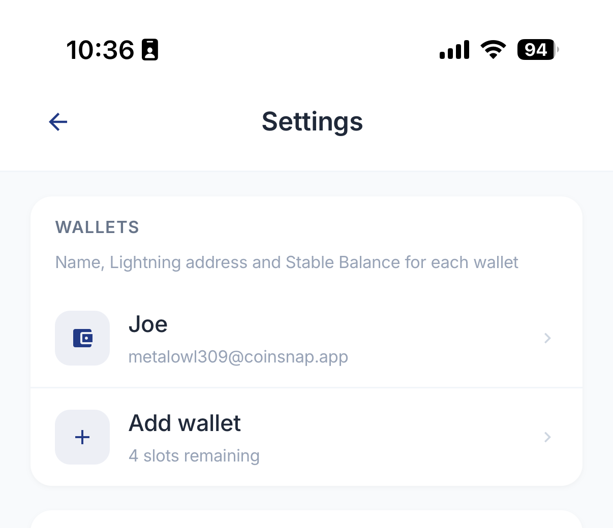 Manage wallets screen in Coinsnap Wallet with the option to add a wallet