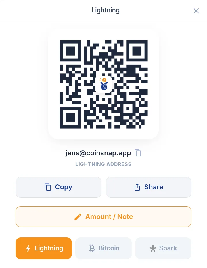 Receive with Lightning in Coinsnap Wallet: QR code, Lightning Address and Amount / Note