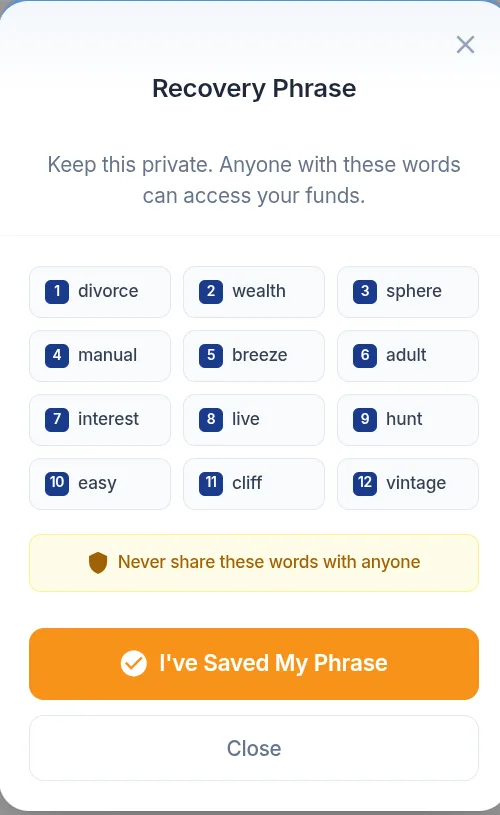 Recovery Phrase screen in Coinsnap Wallet showing 12 example words