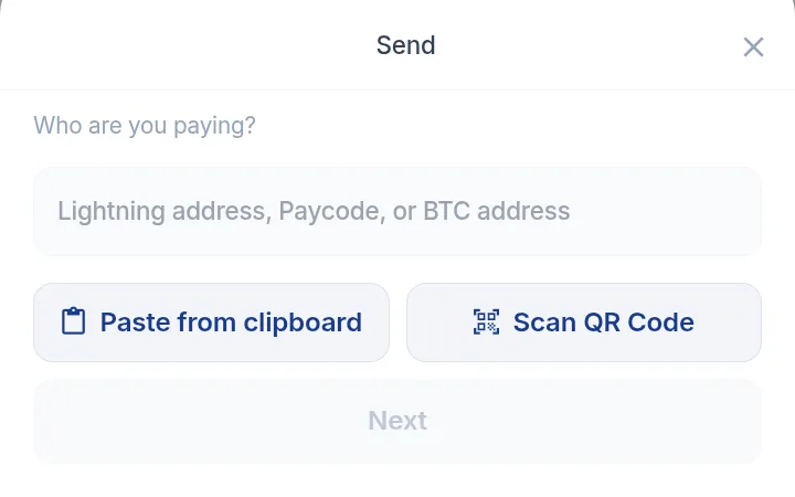 Send screen in Coinsnap Wallet: enter a Lightning address, Paycode or BTC address, paste from clipboard or scan a QR code