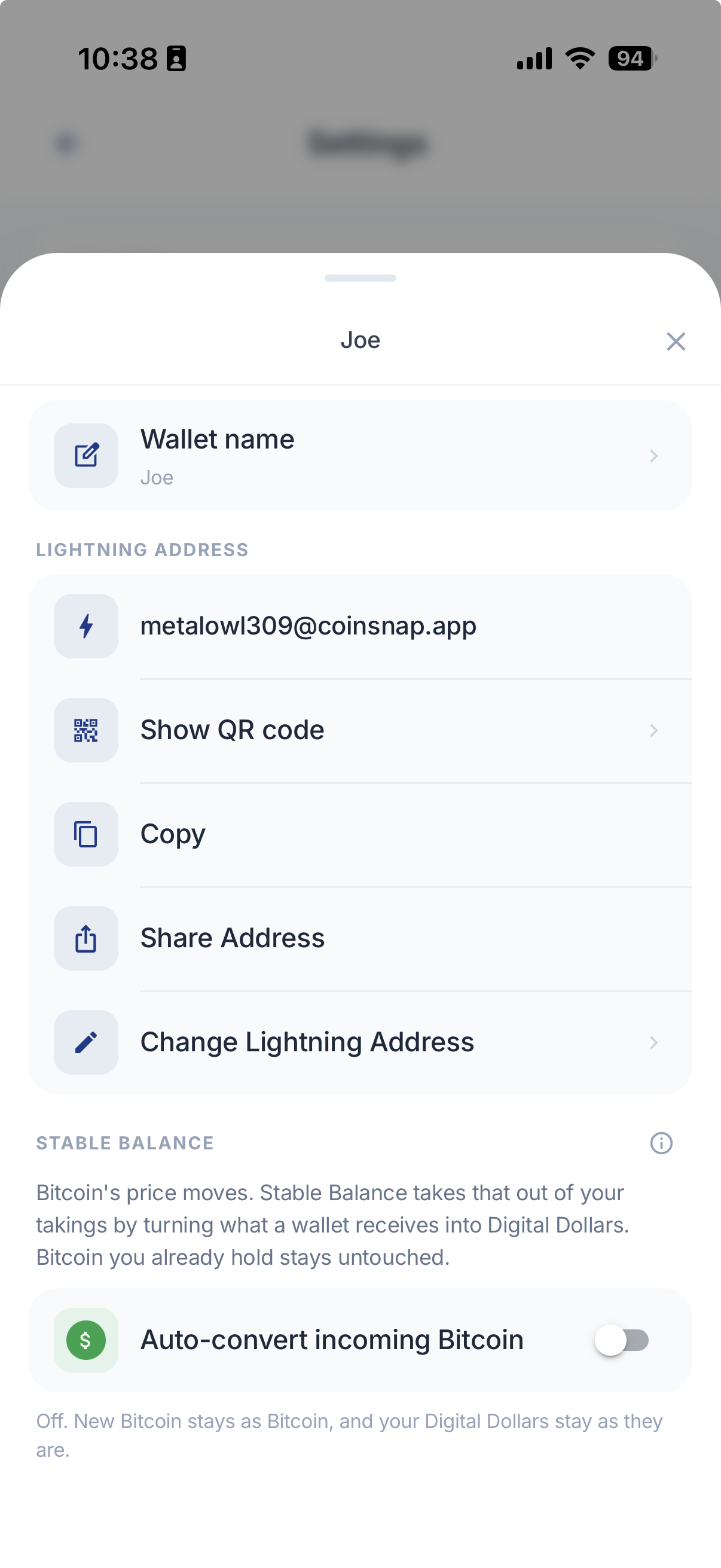 Coinsnap Wallet settings for wallet name, Lightning Address and Stable Balance