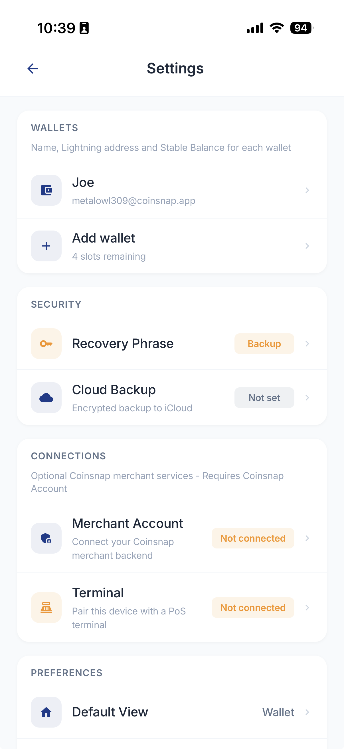 Coinsnap Wallet Settings: Wallets, Security and Connections