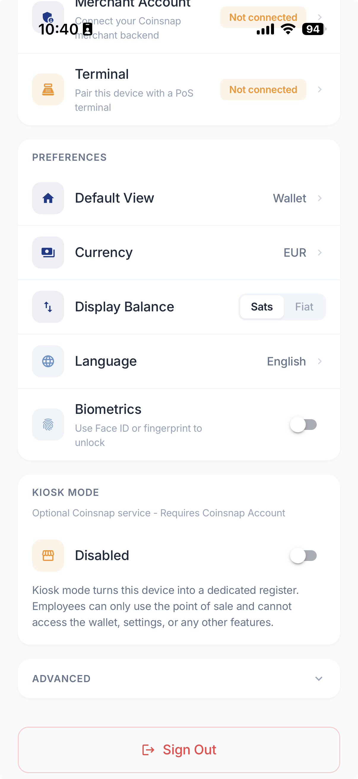 Coinsnap Wallet Settings: Preferences and Kiosk Mode