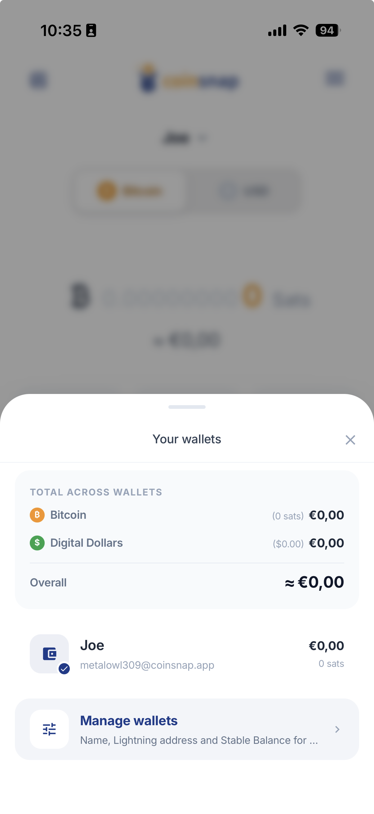 Your wallets overview in Coinsnap Wallet with total balance and individual wallets