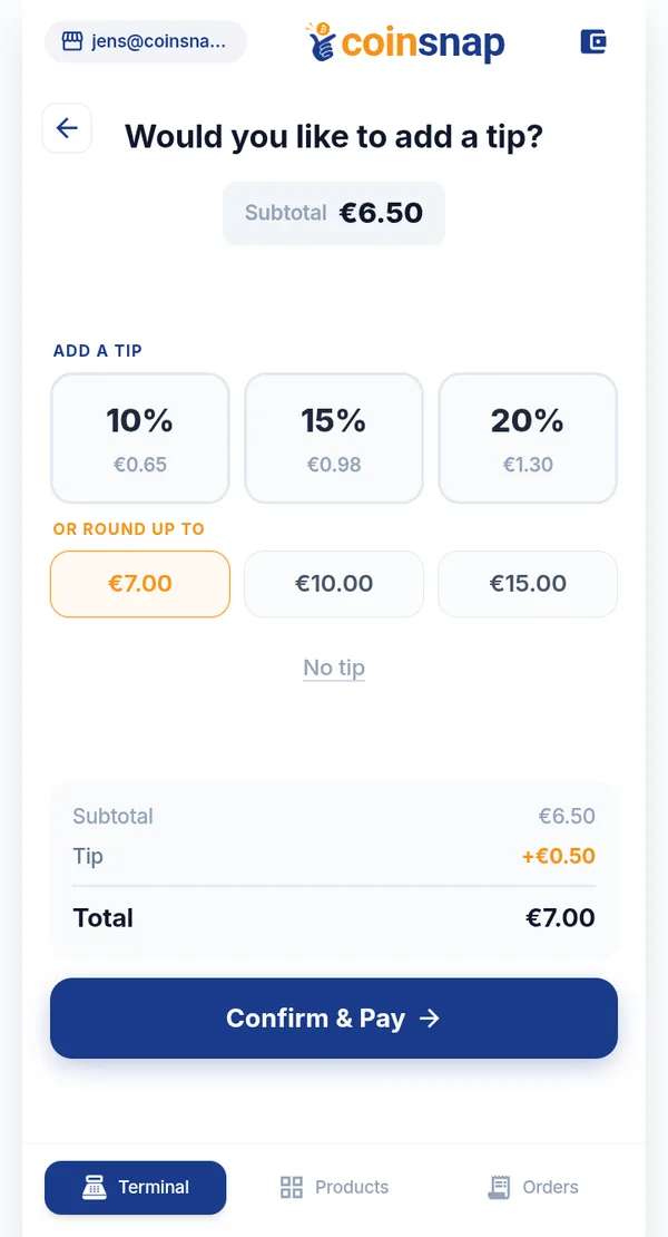 Coinsnap Point of Sale tip screen with percentage and round-up options