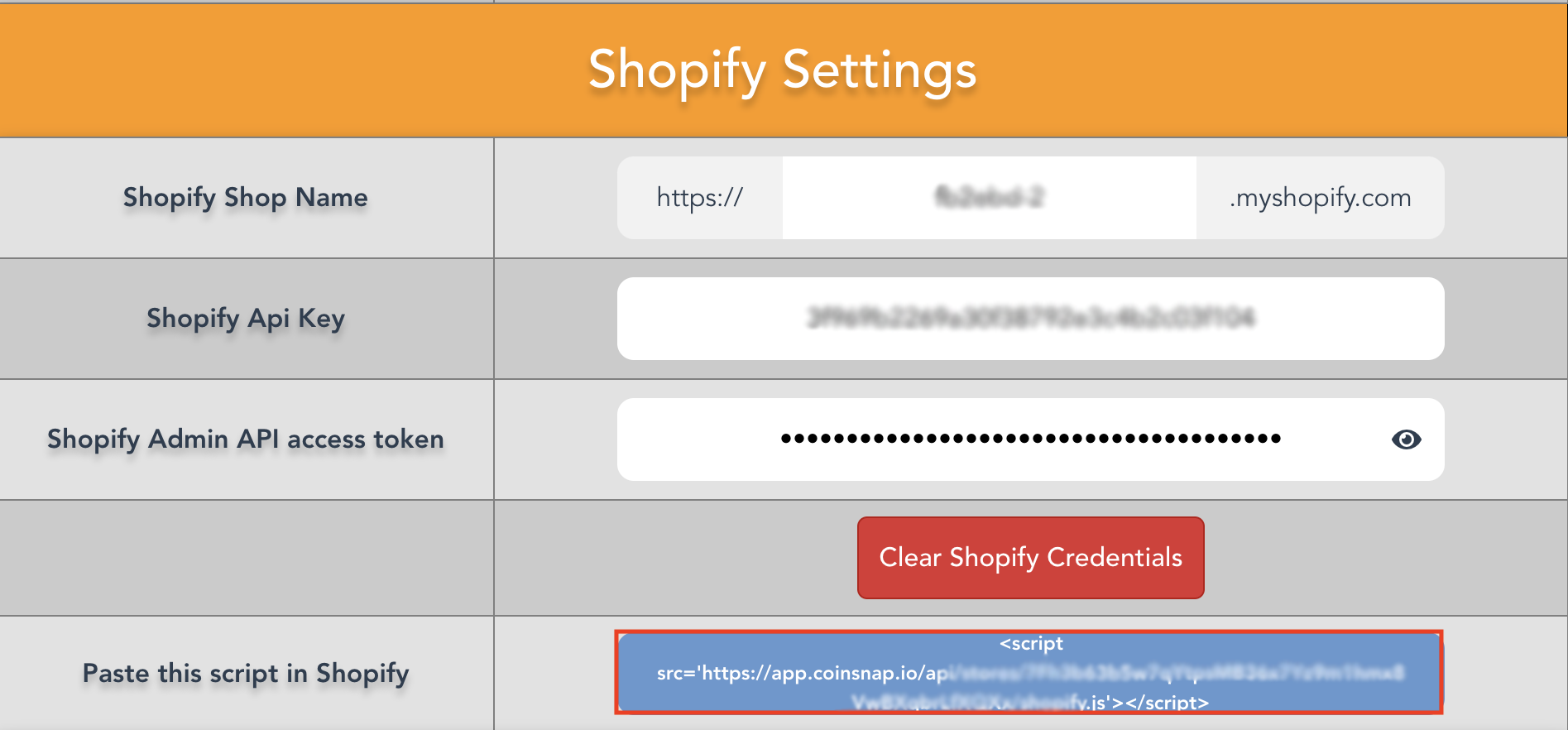 shopify coinsnap Settings