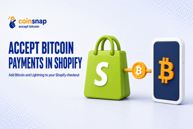 Green shopping bag connected to a phone with a Bitcoin symbol, showing how to accept Bitcoin payments in Shopify