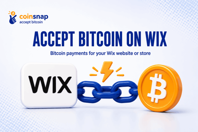 Wix logo tile chained to a Bitcoin coin with a lightning bolt above, showing how to accept Bitcoin on Wix