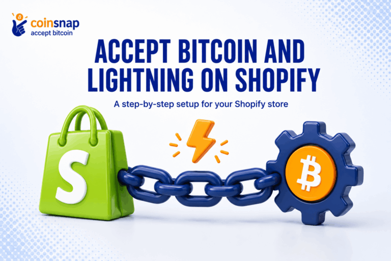 Green shopping bag chained to a gear wheel holding a Bitcoin coin, illustrating Bitcoin and Lightning setup on Shopify