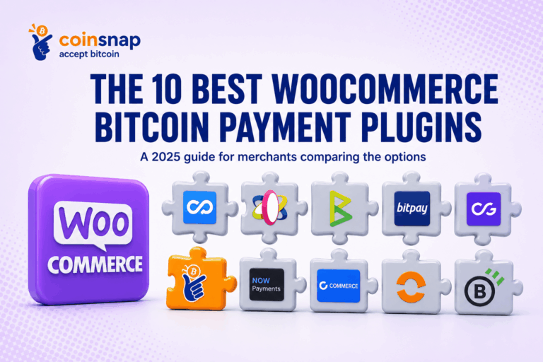 WooCommerce block with ten plugin puzzle pieces floating in front of it, comparing every WooCommerce Bitcoin payment plugin