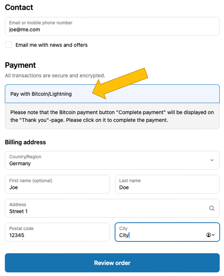 bitcoin-checkout-in-shopify Selcting Bitcoin Payment in the Shopify store checkout