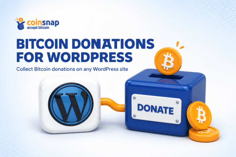 WordPress logo linked to a donation box with a Bitcoin coin dropping in, illustrating Bitcoin donations for WordPress