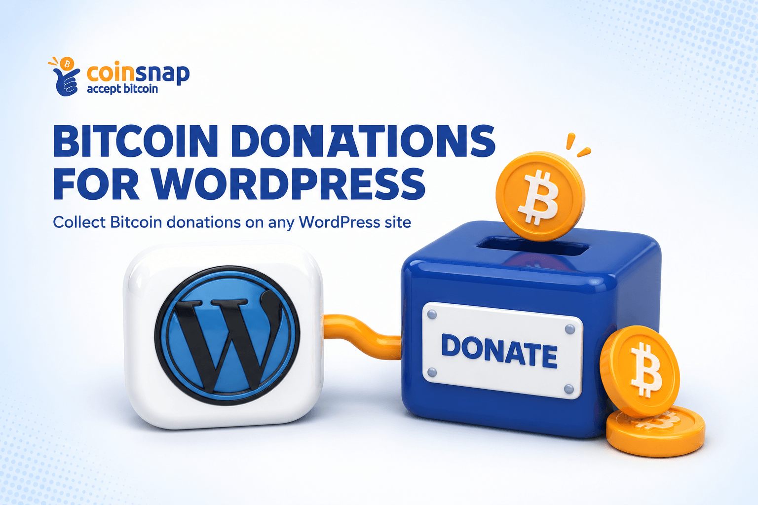 WordPress logo linked to a donation box with a Bitcoin coin dropping in, illustrating Bitcoin donations for WordPress