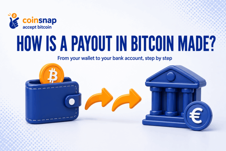 Wallet with a rising Bitcoin coin and arrows leading to a bank building, illustrating how a Bitcoin payout is made