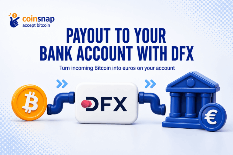 Bitcoin coin flowing through a DFX logo tile into a bank building with a euro coin, illustrating a DFX payout