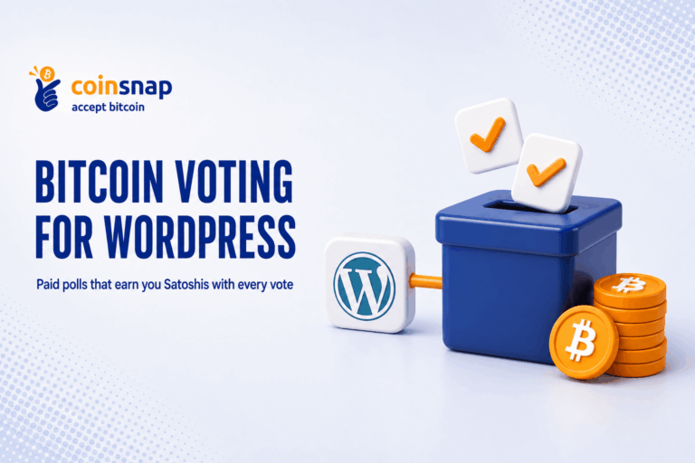 WordPress logo linked to a ballot box with checkmark cards and Bitcoin coins, illustrating the Bitcoin Voting plugin