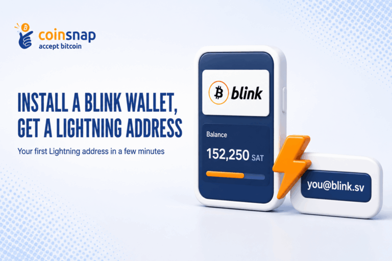 Phone showing a Blink Wallet balance beside a Lightning address tag with an orange lightning bolt