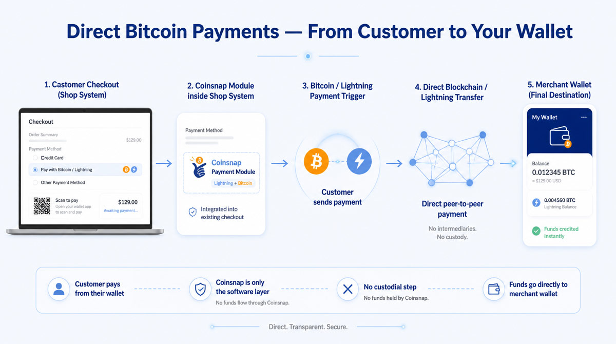 Coinsnap payment plugins transfer your customers Bitcoin right into your wallet