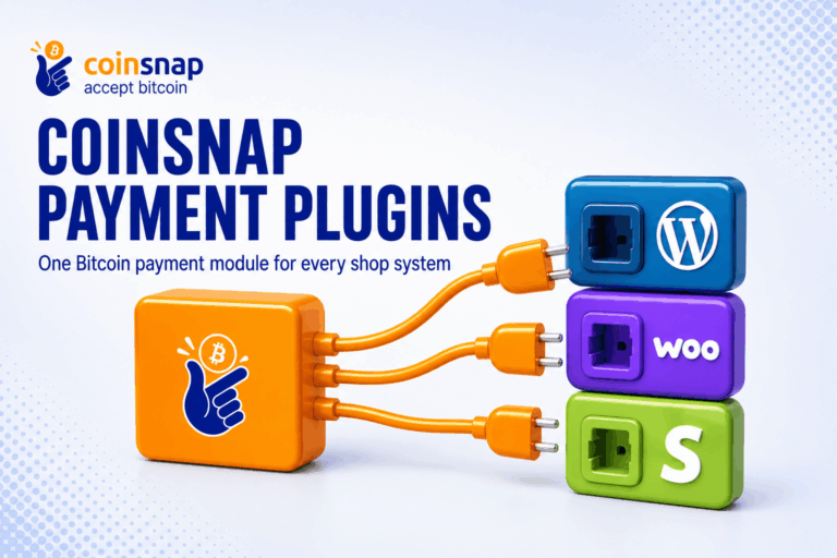 Orange Coinsnap box with three plugs facing WordPress, WooCommerce and Shopify sockets, illustrating the Coinsnap payment plugin range
