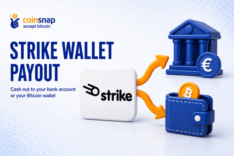 Strike logo tile with two orange arrows forking to a bank building and a Bitcoin wallet, illustrating a Strike Wallet payout