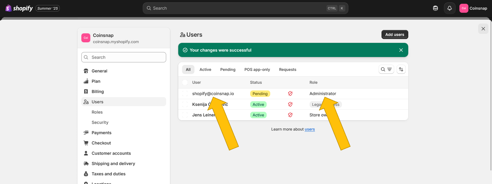 user-eingerichtet Coinsnap ist nun als Admin in deinem Shopify eingerichtet