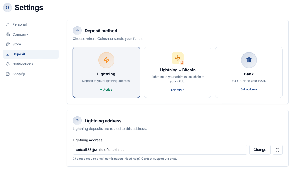 Store your Wallet of Satoshi address in the Coinsnap settings under Finances → Settings → Deposit.