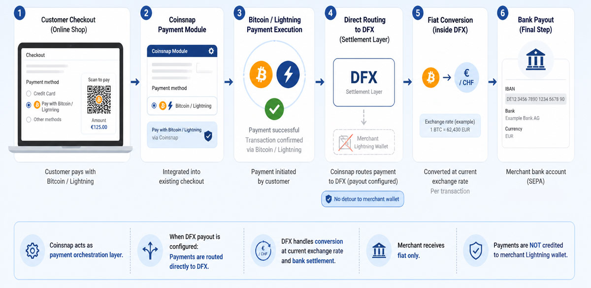 Bitcoin payment flow via Coinsnap with direct fiat settlement through DFX, showing customer checkout, payment processing, conversion from Bitcoin to euros or CHF, and payout to the merchant’s bank account without funds passing through a merchant wallet.