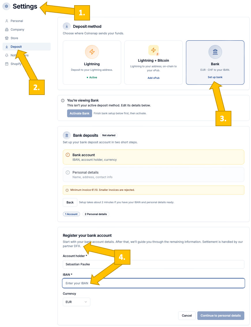 Coinsnap dashboard showing the setup of bank payout via DFX: navigating to Settings and Deposit, selecting “Bank” as the deposit method, and entering account holder name, IBAN, and currency to register a bank account for fiat settlement.