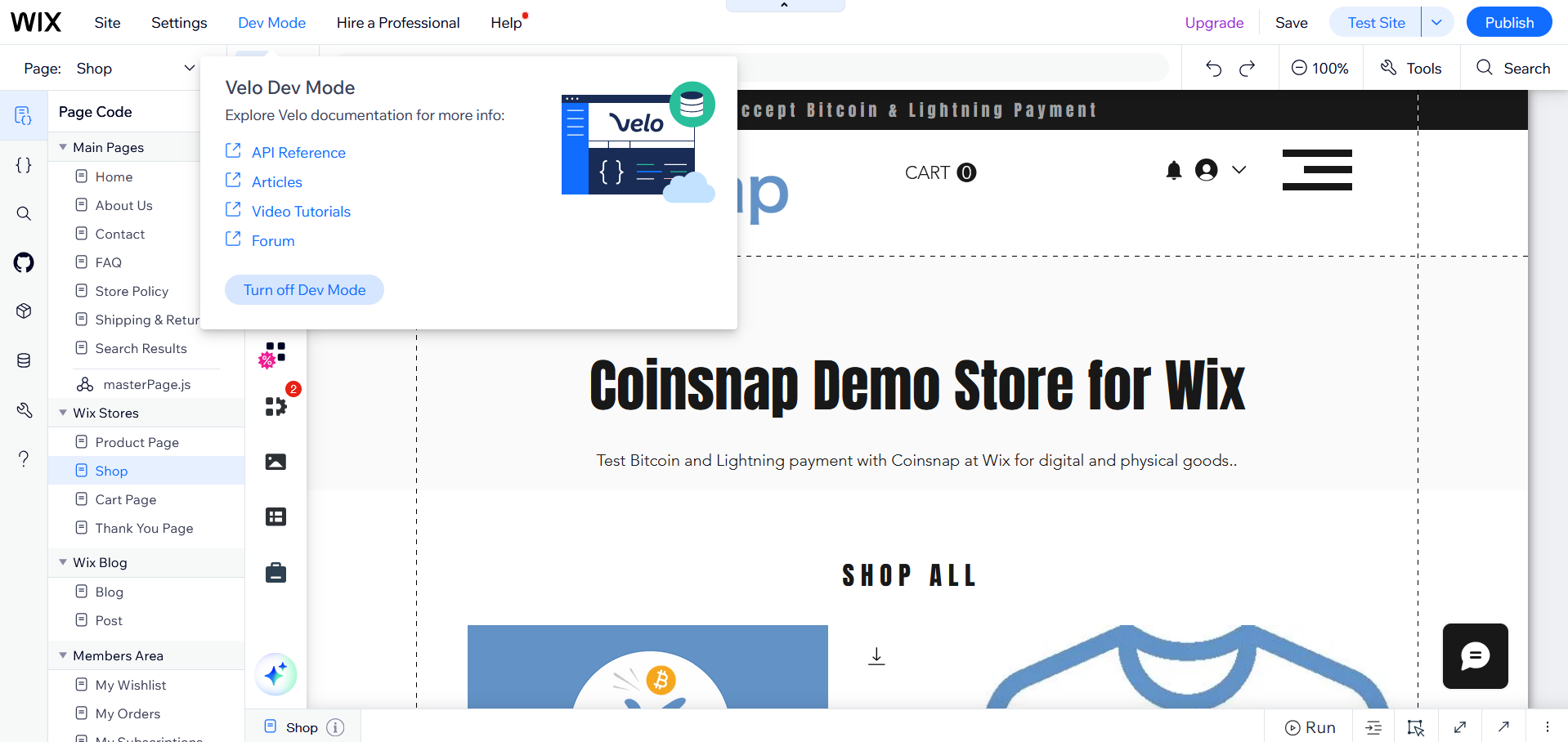 Coinsnap for Wix - Installation, Step 1