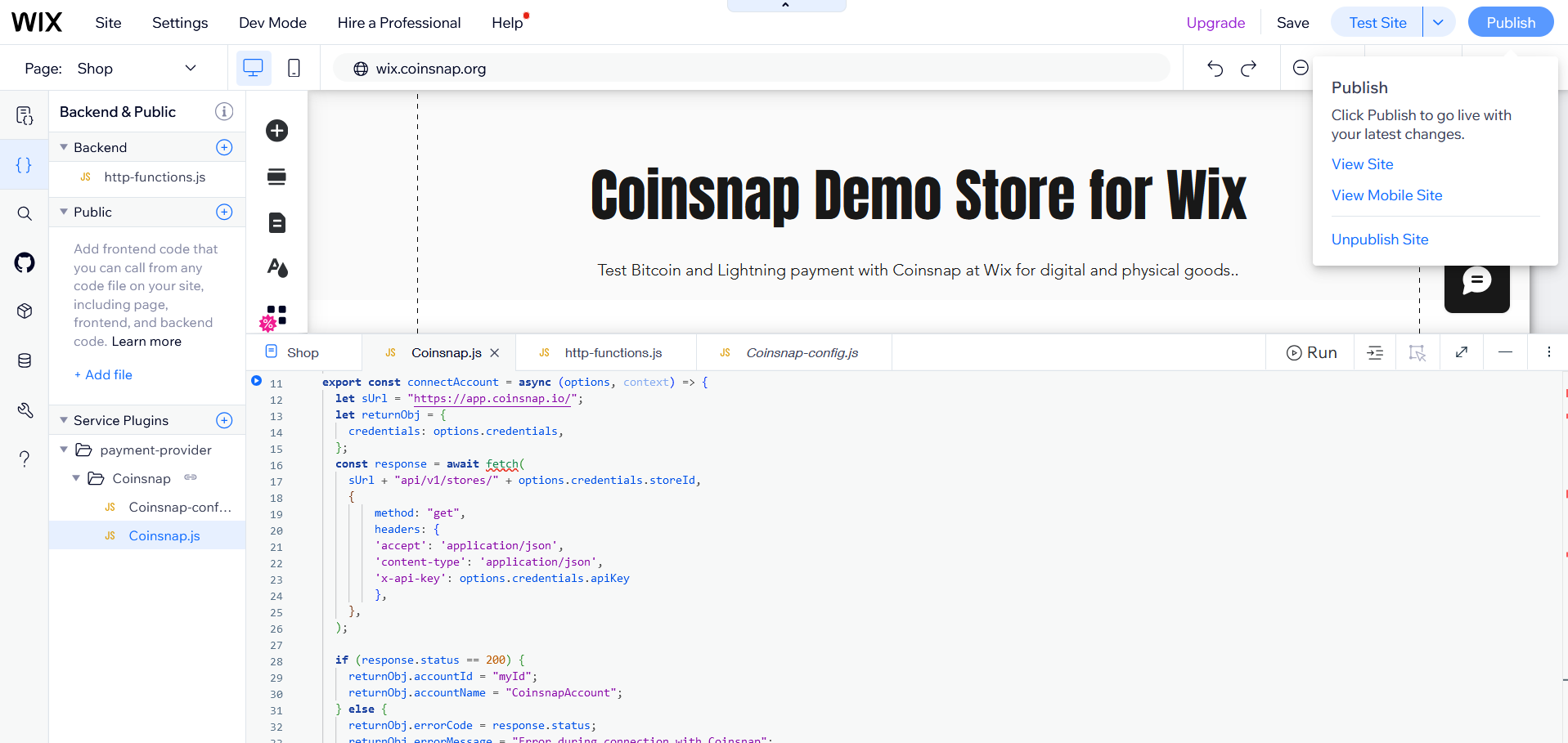 Coinsnap for Wix - Installation, Step 11