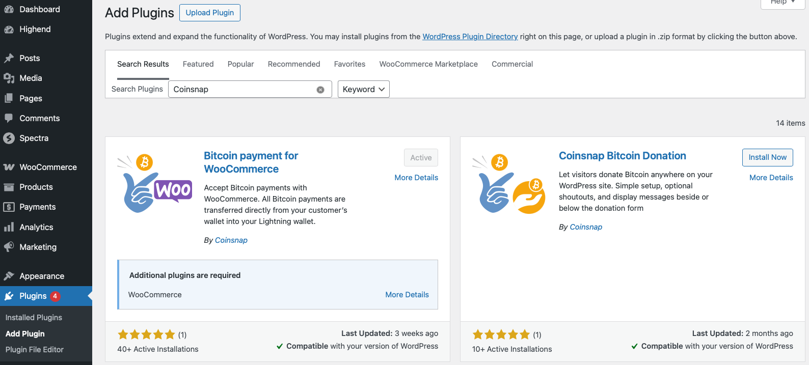 Choose your Coinsnap Bitcoin payment module directly from WordPress