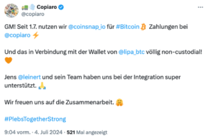 Copiaro vertrouwt op Coinsnap voor betaling met Bitcoin Lightning in zijn online shop