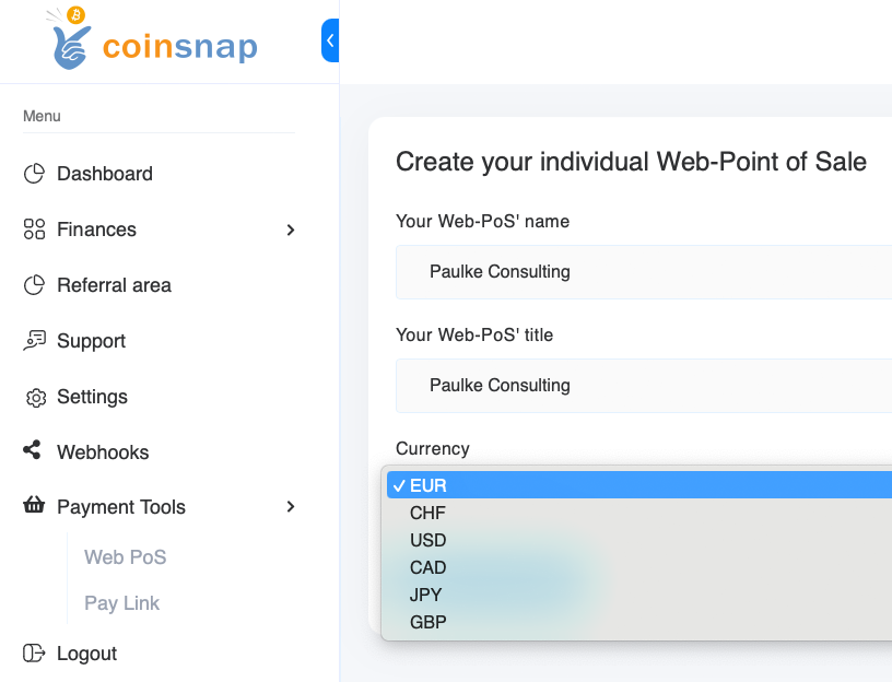 Settings in the Coinsnap Web Point of Sale