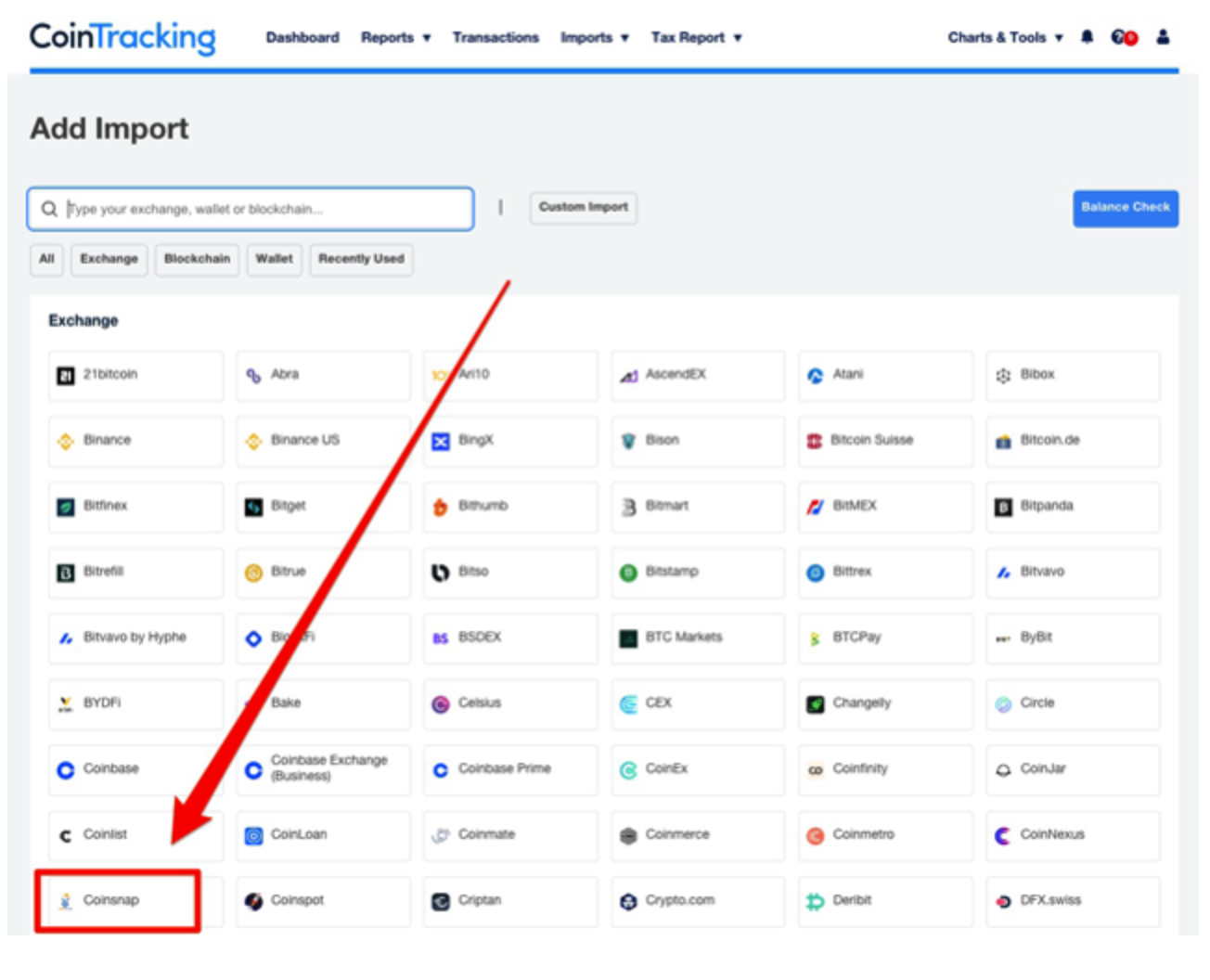 Coinsnap bei CoinTracking