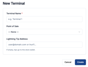 Coinsnap “New Terminal” configuration screen showing fields for terminal name, Point of Sale assignment, and optional Lightning tip address for direct employee tipping