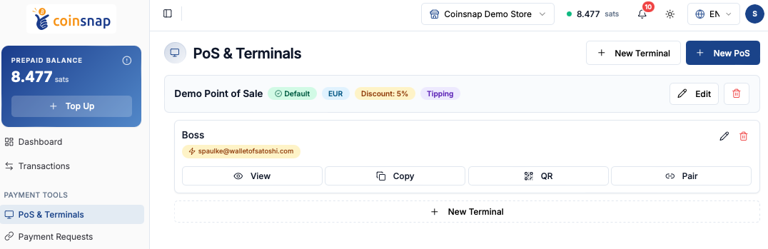 Coinsnap dashboard showing the PoS & Terminals administration area with a demo Point of Sale, Lightning wallet assignment, tipping and discount settings, and options to view, copy, generate QR codes, pair terminals, or create a new PoS or terminal.