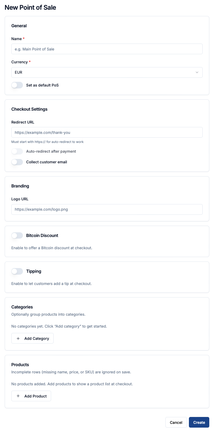 Coinsnap “New Point of Sale” configuration screen showing settings for creating a Bitcoin Lightning PoS, including general settings, checkout options, branding, Bitcoin discounts, tipping, product categories, and product management.