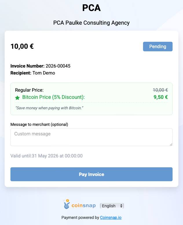 Prefilled payment page created and hosted by Coinsnap