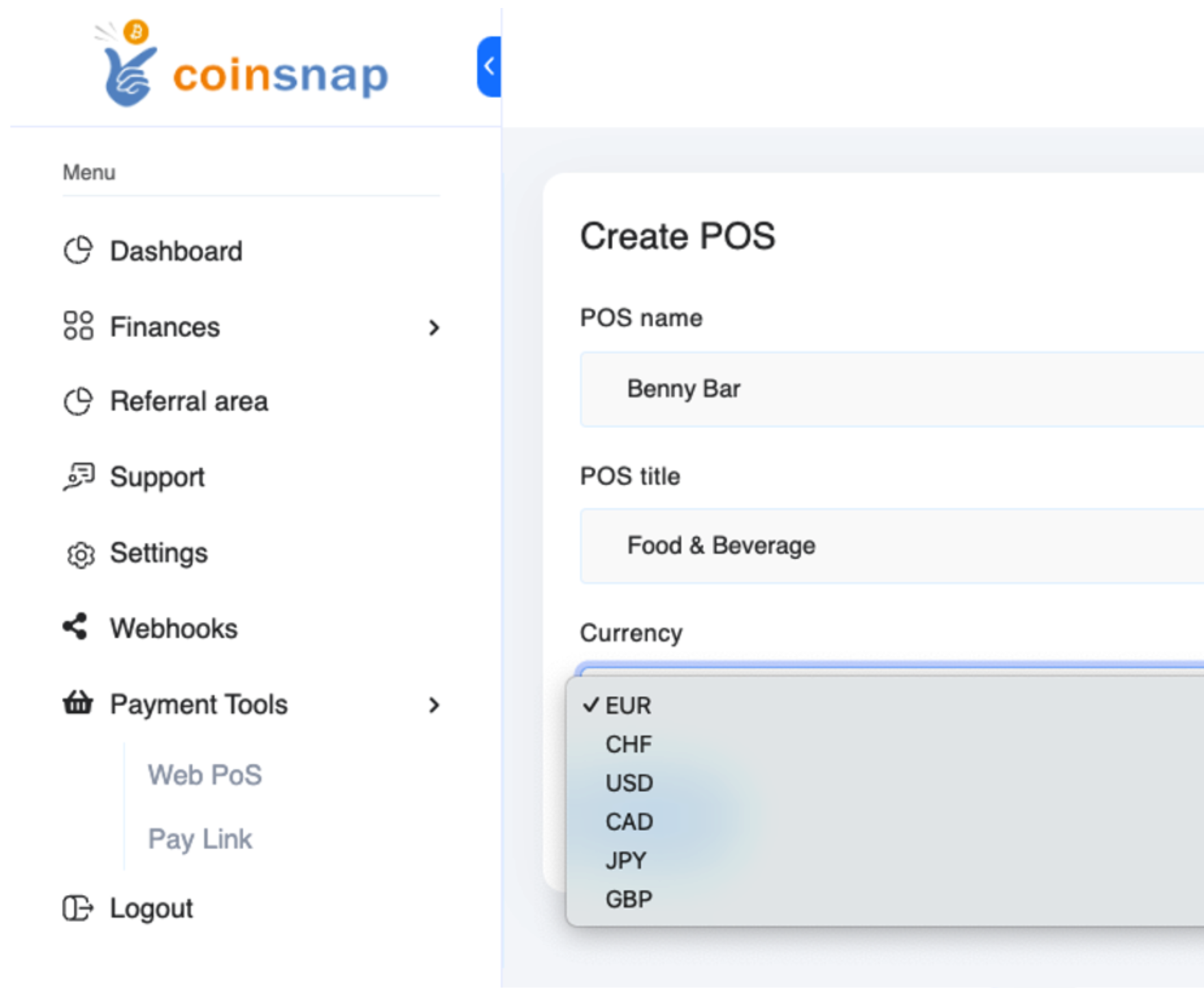 Settings in the Coinsnap Web Point of Sale