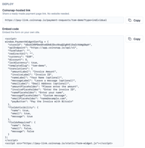Deploy the Bitcoin Invoice Form with html embed code or a link